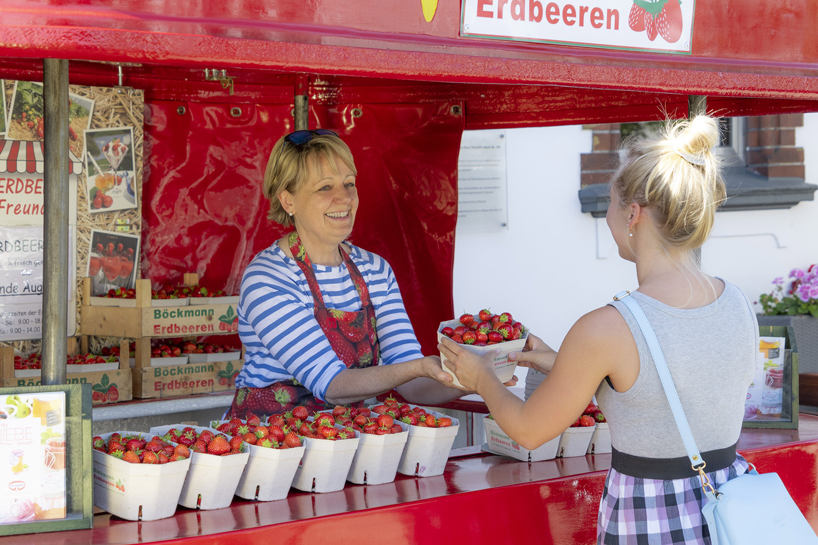 Erdbeerverkaufsstand mit vielen frischen Erdbeerschalen, die zum Verkauf bereitstehen. Eine freundlich lächelnde Erdbeerverkäuferin bedient eine Kundin und überreicht eine Erdbeerschale.